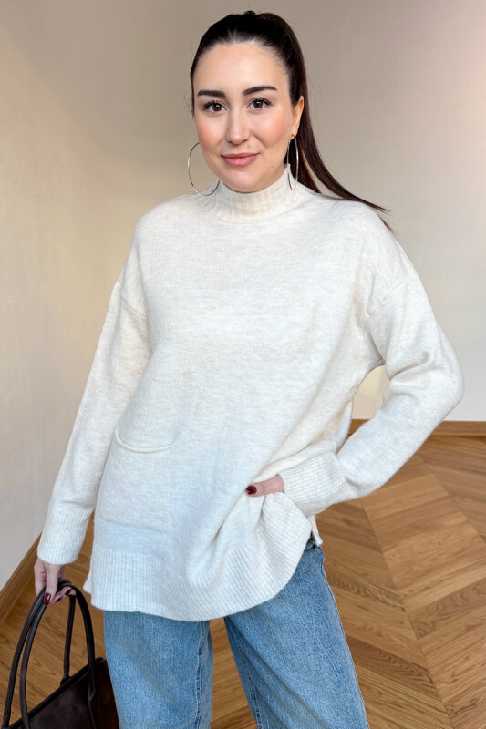 TRK-7061 Ekru Cep Detaylı Yarım Balıkçı Yaka Pamuklu Kazak - 3