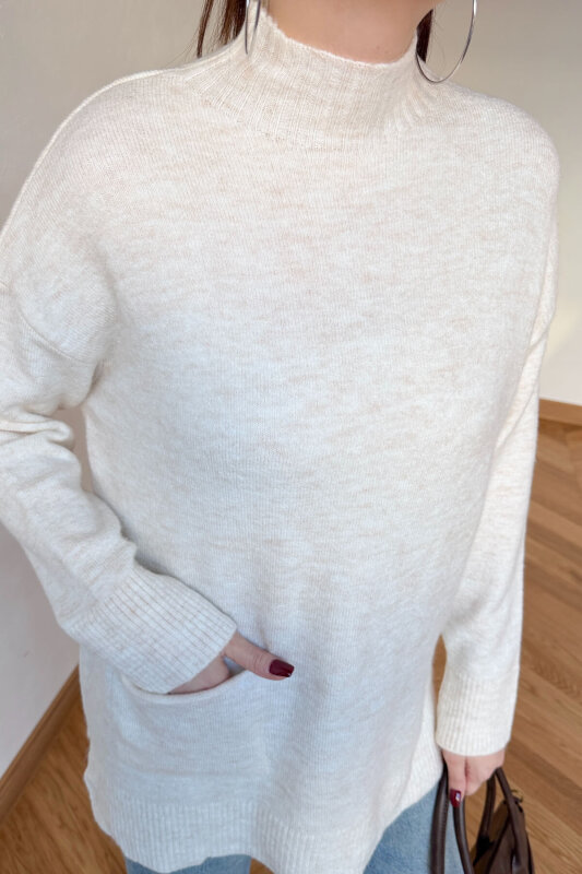 TRK-7061 Ekru Cep Detaylı Yarım Balıkçı Yaka Pamuklu Kazak - 5