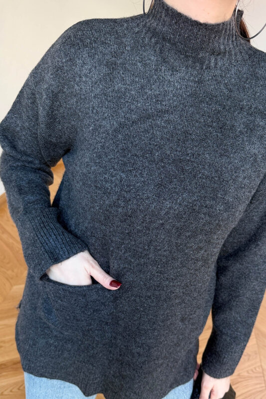 TRK-7061 Füme Cep Detaylı Yarım Balıkçı Yaka Pamuklu Kazak - 5