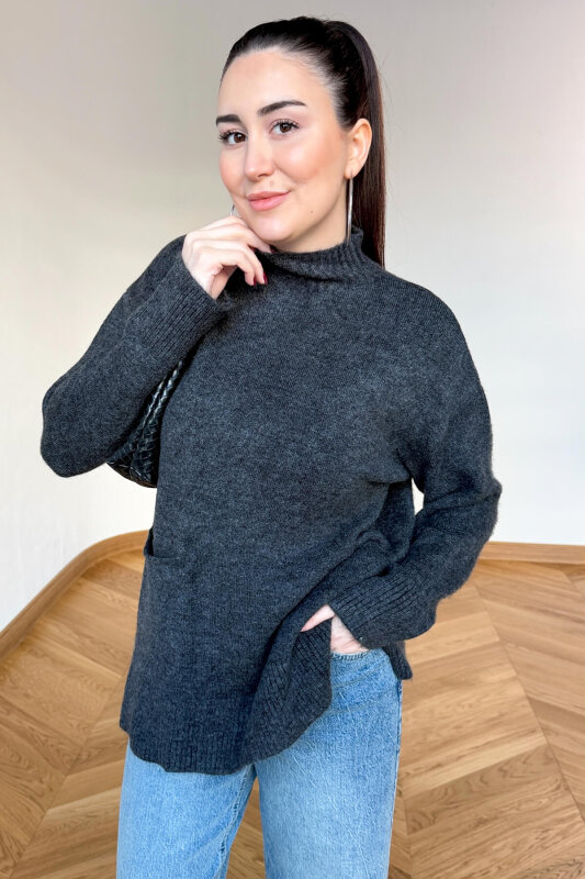 TRK-7061 Füme Cep Detaylı Yarım Balıkçı Yaka Pamuklu Kazak - 1