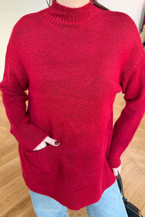 TRK-7061 Kırmızı Cep Detaylı Yarım Balıkçı Yaka Pamuklu Kazak - 5