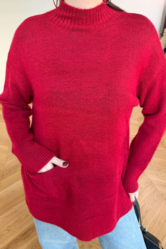 TRK-7061 Kırmızı Cep Detaylı Yarım Balıkçı Yaka Pamuklu Kazak - 5