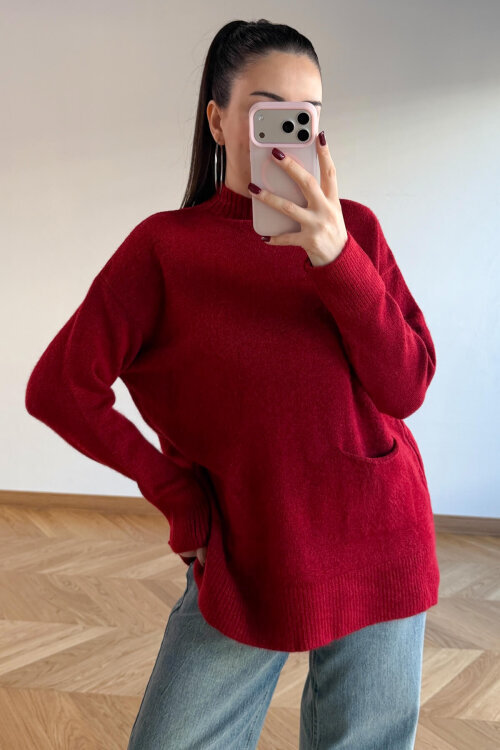 TRK-7061 Kırmızı Cep Detaylı Yarım Balıkçı Yaka Pamuklu Kazak - 6