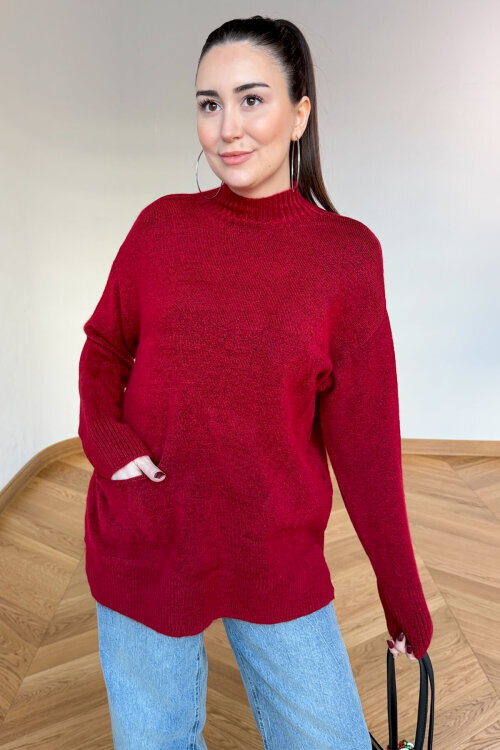 TRK-7061 Kırmızı Cep Detaylı Yarım Balıkçı Yaka Pamuklu Kazak - 3