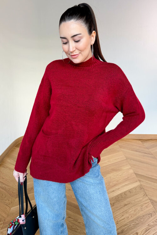 TRK-7061 Kırmızı Cep Detaylı Yarım Balıkçı Yaka Pamuklu Kazak