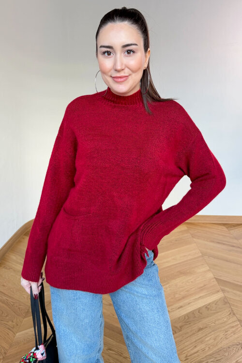 TRK-7061 Kırmızı Cep Detaylı Yarım Balıkçı Yaka Pamuklu Kazak - 4