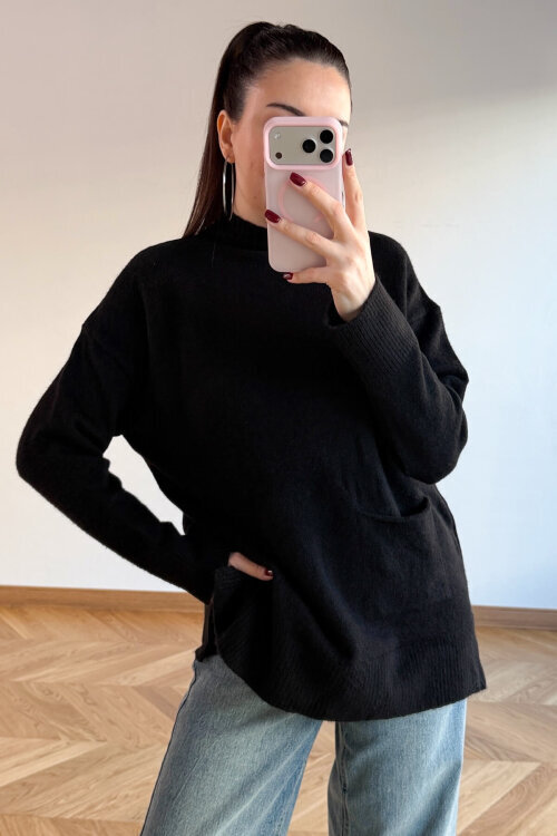 TRK-7061 Siyah Cep Detaylı Yarım Balıkçı Yaka Pamuklu Kazak - 3