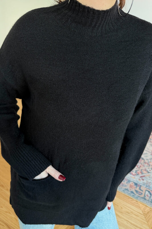 TRK-7061 Siyah Cep Detaylı Yarım Balıkçı Yaka Pamuklu Kazak - 4