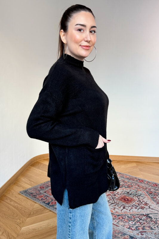 TRK-7061 Siyah Cep Detaylı Yarım Balıkçı Yaka Pamuklu Kazak - 5