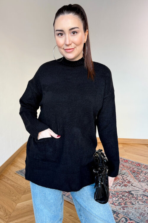 TRK-7061 Siyah Cep Detaylı Yarım Balıkçı Yaka Pamuklu Kazak (1)