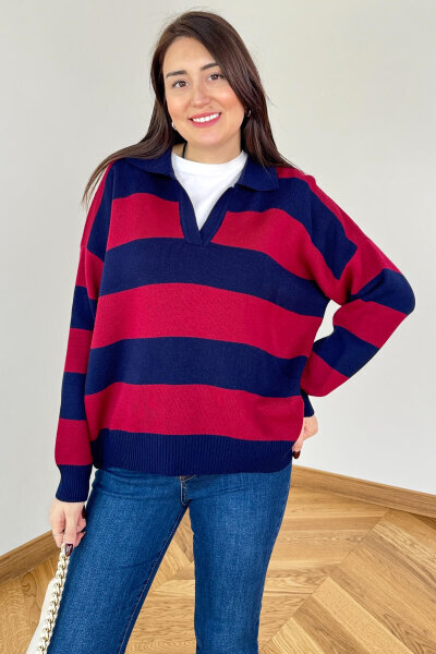 TRK-7250 Bordo Lacivert Renk Bloklu Polo Yaka Triko - 1