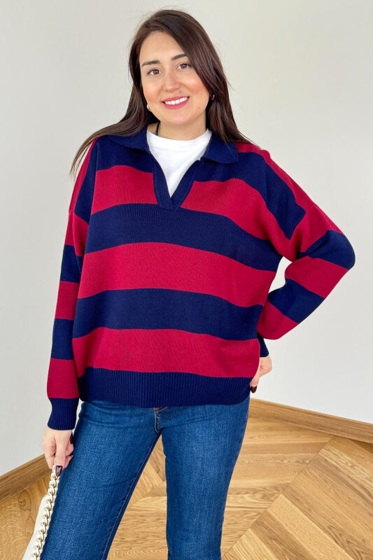 TRK-7250 Bordo Lacivert Renk Bloklu Polo Yaka Triko - 1