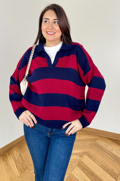 TRK-7250 Bordo Lacivert Renk Bloklu Polo Yaka Triko - 2