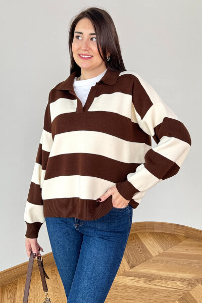 TRK-7250 Krem Kahve Renk Bloklu Polo Yaka Triko - 1