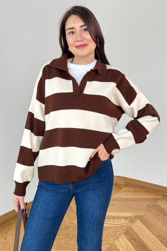 TRK-7250 Krem Kahve Renk Bloklu Polo Yaka Triko - 2