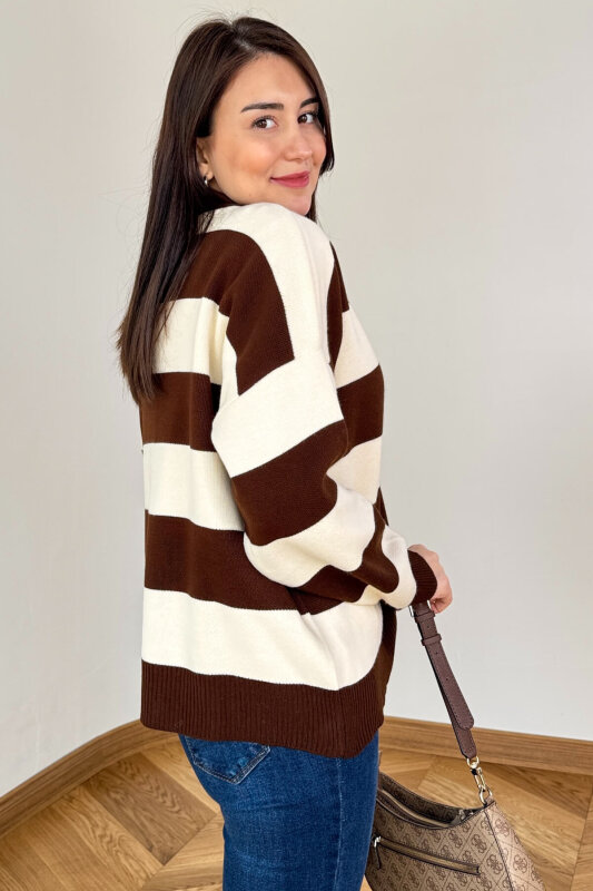 TRK-7250 Krem Kahve Renk Bloklu Polo Yaka Triko - 3