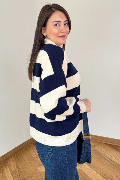 TRK-7250 Krem Lacivert Renk Bloklu Polo Yaka Triko - 2