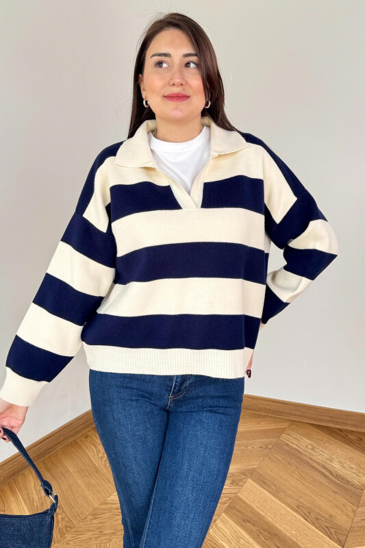 TRK-7250 Krem Lacivert Renk Bloklu Polo Yaka Triko - 3