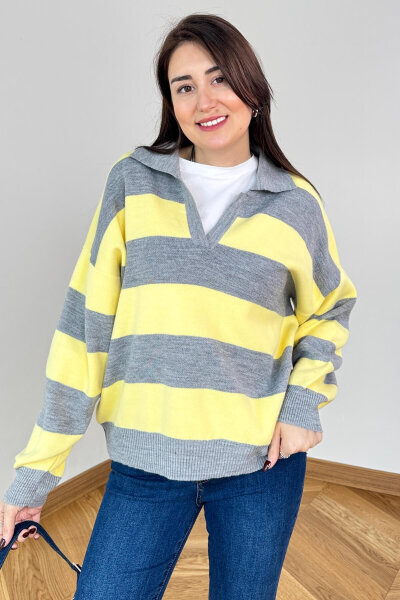 TRK-7250 Sarı Gri Renk Bloklu Polo Yaka Triko - 2