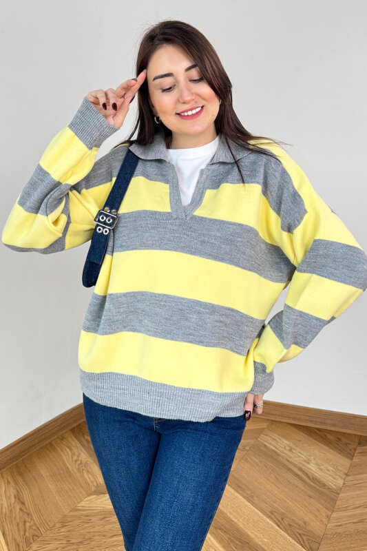 TRK-7250 Sarı Gri Renk Bloklu Polo Yaka Triko - 1