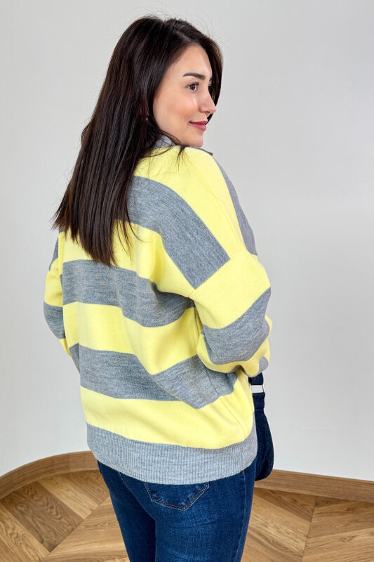 TRK-7250 Sarı Gri Renk Bloklu Polo Yaka Triko - 3