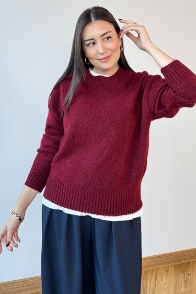 TRK-8181 Bordo Bisiklet Yaka Triko Kolej Kazak 