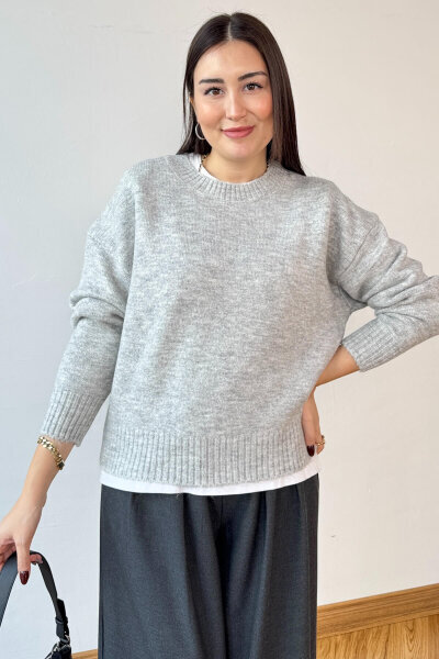 TRK-8181 Gri Bisiklet Yaka Triko Kolej Kazak  - 3