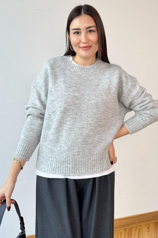 TRK-8181 Gri Bisiklet Yaka Triko Kolej Kazak  - 3