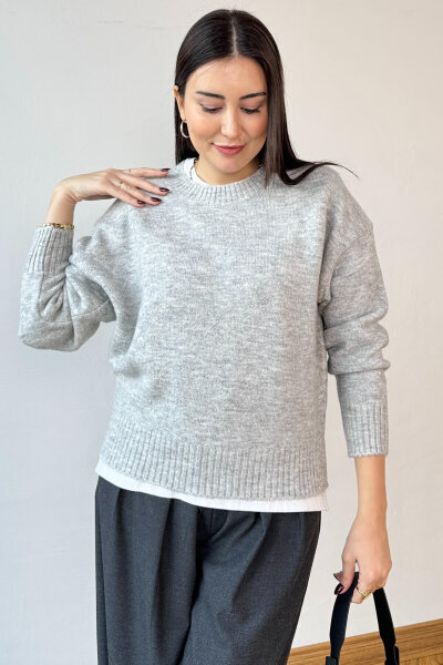 TRK-8181 Gri Bisiklet Yaka Triko Kolej Kazak  - 4