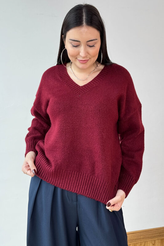 TRK-8989 Bordo Oversize V Yaka Kolej Kazak - 1