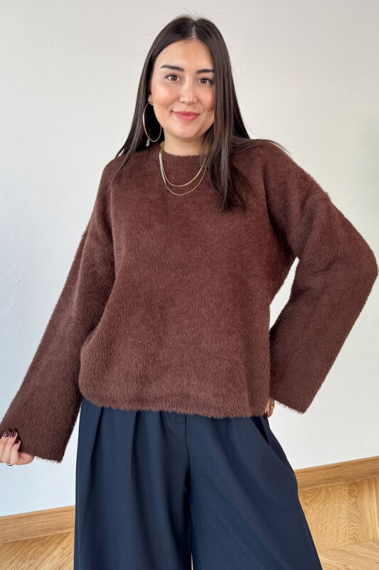 TRK-9050 Kahverengi Yumuşak Dokulu Oversize Kaşmir Kazak - 3