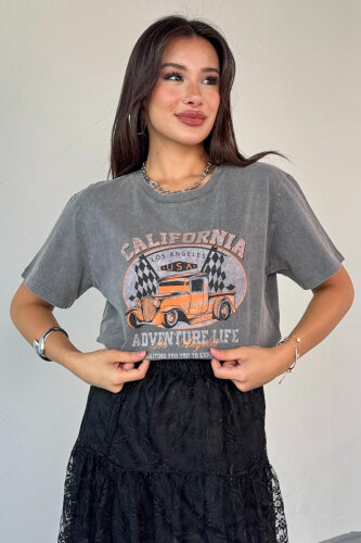 TSR-04351 Füme Yıkama Kumaş Calıfornıa Görsel Baskılı Salaş Pamuklu Tişört (1)