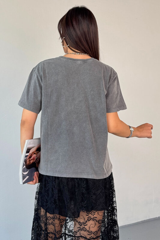 TSR-04351 Füme Yıkama Kumaş Calıfornıa Görsel Baskılı Salaş Pamuklu Tişört - 5