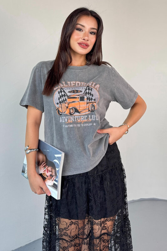 TSR-04351 Füme Yıkama Kumaş Calıfornıa Görsel Baskılı Salaş Pamuklu Tişört - 7