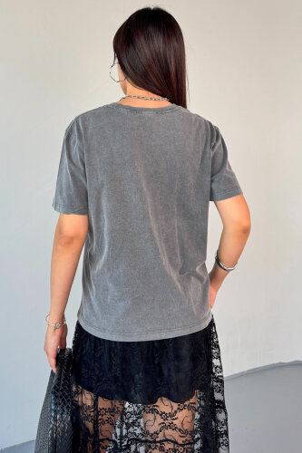 TSR-04351 Füme Yıkama Kumaş Fayette Görsel Baskılı Salaş Pamuklu Tişört - 3