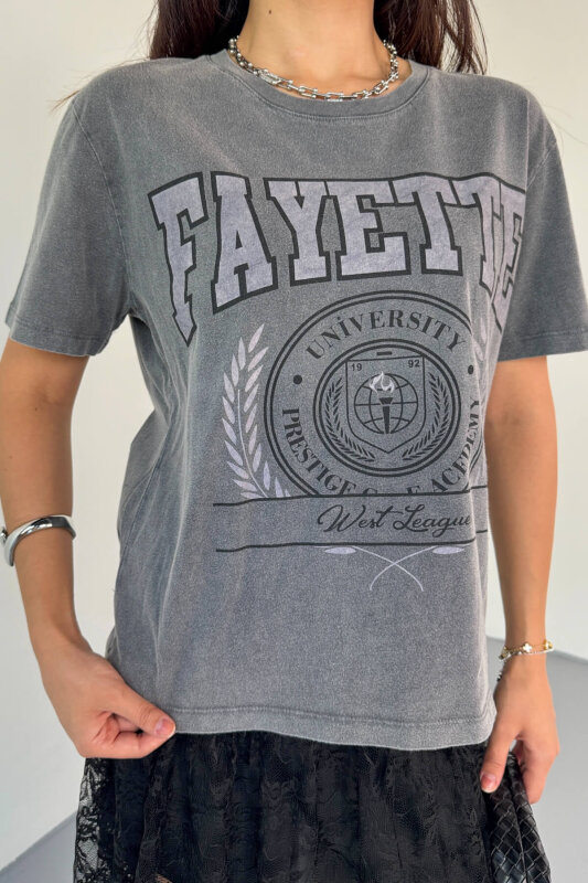 TSR-04351 Füme Yıkama Kumaş Fayette Görsel Baskılı Salaş Pamuklu Tişört - 2