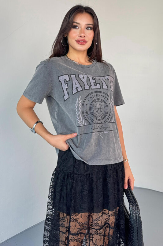 TSR-04351 Füme Yıkama Kumaş Fayette Görsel Baskılı Salaş Pamuklu Tişört - 4