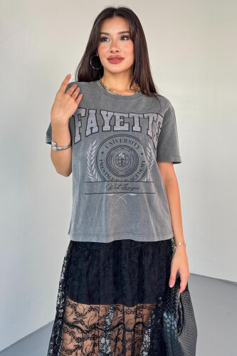 TSR-04351 Füme Yıkama Kumaş Fayette Görsel Baskılı Salaş Pamuklu Tişört - 5