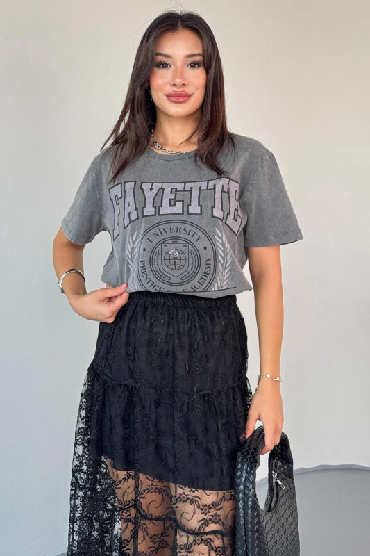 TSR-04351 Füme Yıkama Kumaş Fayette Görsel Baskılı Salaş Pamuklu Tişört - 6