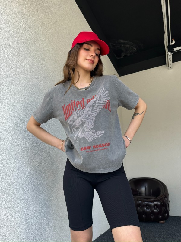 TSR-04351 Füme Yıkama Kumaş Limited Edition Görsel Baskılı Salaş Pamuklu Tişört - 1