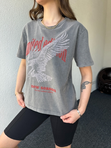 TSR-04351 Füme Yıkama Kumaş Limited Edition Görsel Baskılı Salaş Pamuklu Tişört (1)