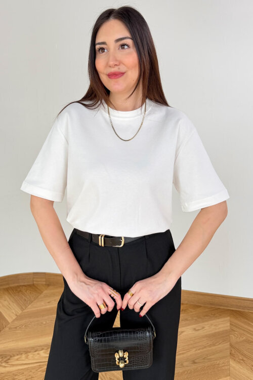 TSR-6597 Ekru Basic Premium Organik Pamuk Bisiklet Yaka Tişört 