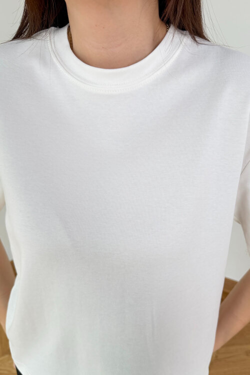 TSR-6597 Ekru Basic Premium Organik Pamuk Bisiklet Yaka Tişört - 3