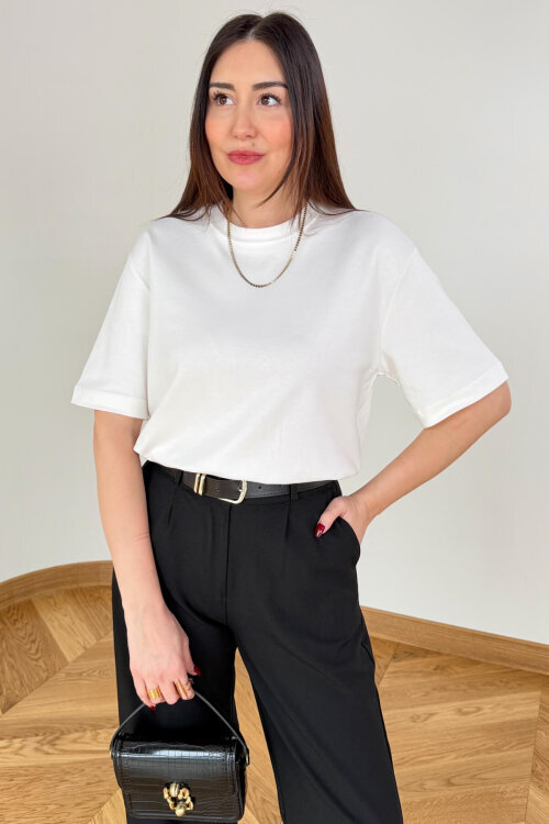 TSR-6597 Ekru Basic Premium Organik Pamuk Bisiklet Yaka Tişört - 4