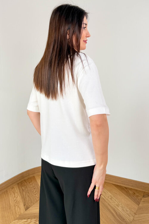 TSR-6597 Ekru Basic Premium Organik Pamuk Bisiklet Yaka Tişört - 5