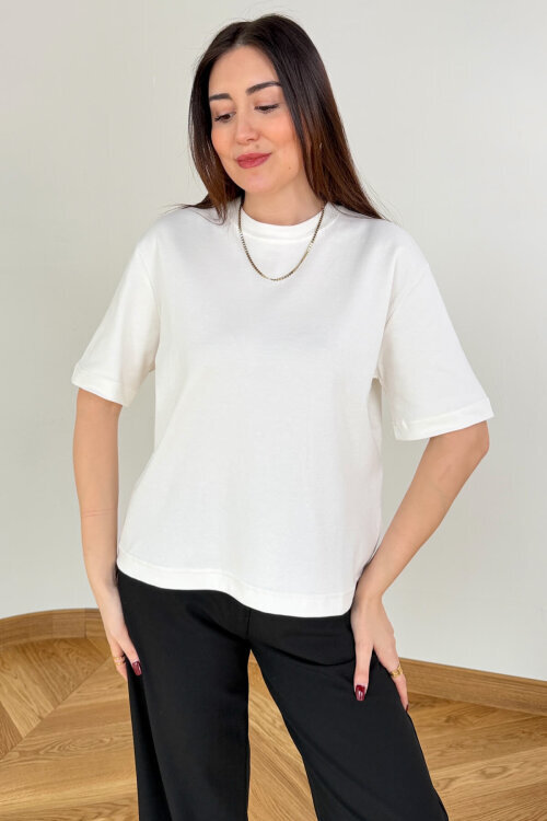 TSR-6597 Ekru Basic Premium Organik Pamuk Bisiklet Yaka Tişört - 6