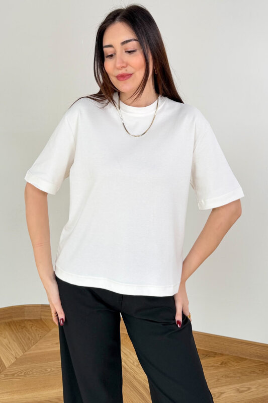 TSR-6597 Ekru Basic Premium Organik Pamuk Bisiklet Yaka Tişört - 7