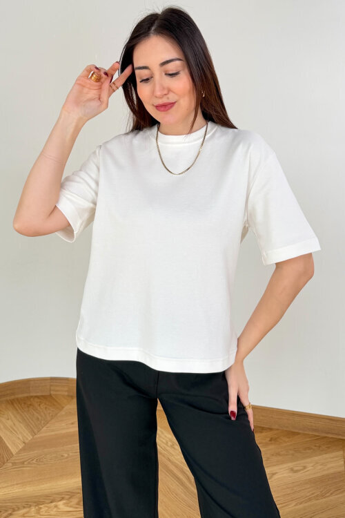 TSR-6597 Ekru Basic Premium Organik Pamuk Bisiklet Yaka Tişört - 2