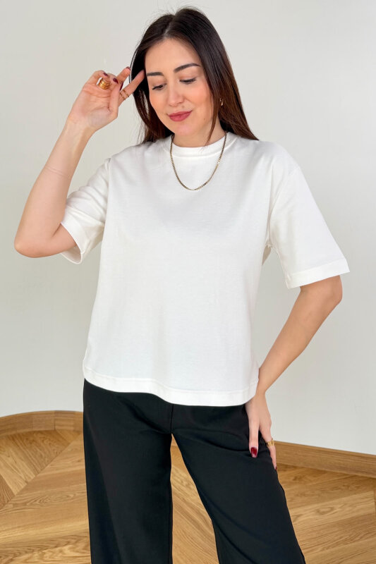 TSR-6597 Ekru Basic Premium Organik Pamuk Bisiklet Yaka Tişört - 2