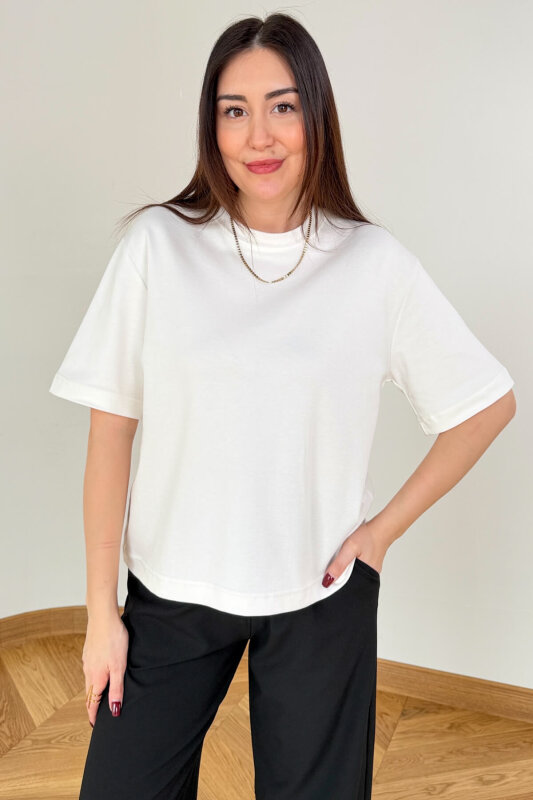 TSR-6597 Ekru Basic Premium Organik Pamuk Bisiklet Yaka Tişört - 8